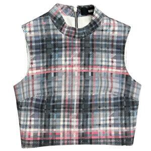 Nicholas Silk Crop Top Plaid Sleeveless High Neck Blouse Mock Neck Shirt sz 2 XS